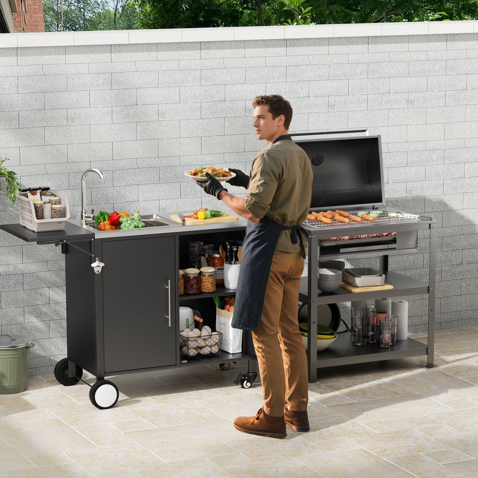 Outdoor Grill Table With Sink, Worktable Kitchen Cabinet Island With Wheels & Foldable Top - Black by HouseOfZazla