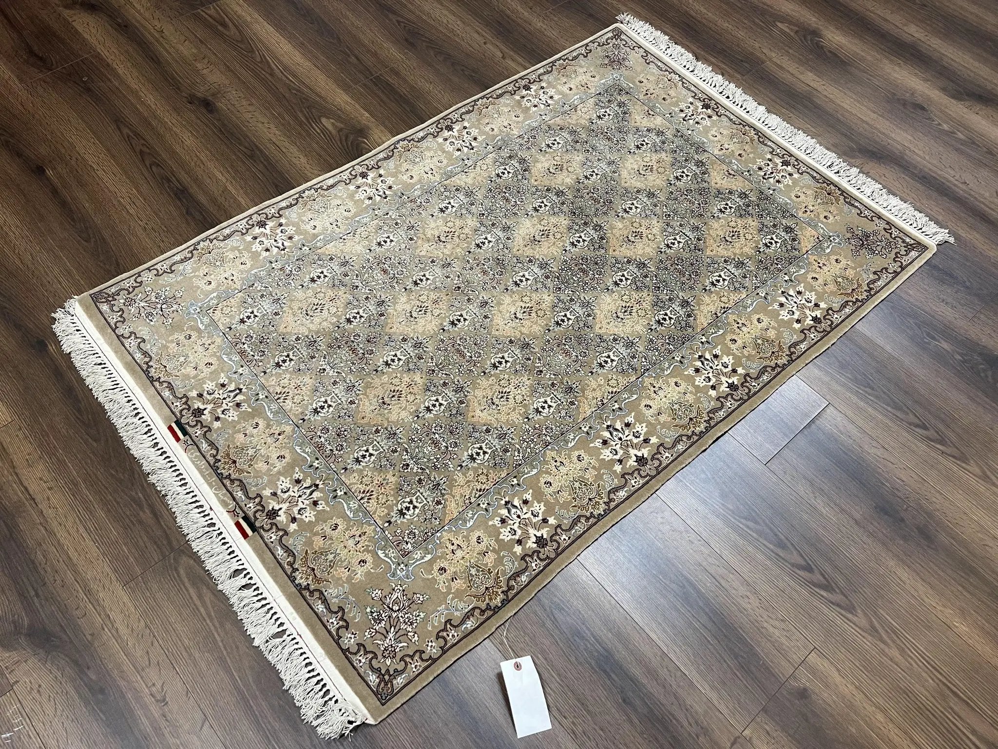 Super Fine Persian Isfahan Rug 3x5 ft, Kork Wool on Silk Foundation, Repeated Floral Motif, Taupe Tan Hand Knotted Oriental Carpet 3 x 5 ft, Signed by Jewel Rugs