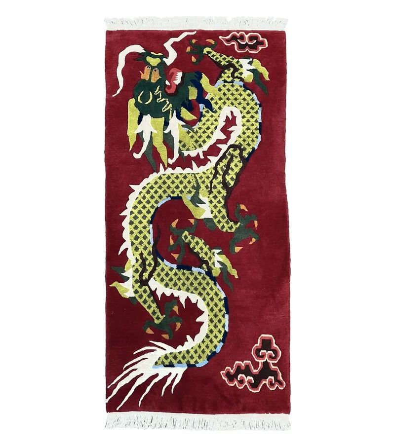 Vintage Chinese Dragon Rug 3 x 6.8, Handmade Hand Knotted Red Chinese Carpet with Gold Dragon, Art Deco Peking Soft Chinese Rug Runner by Jewel Rugs