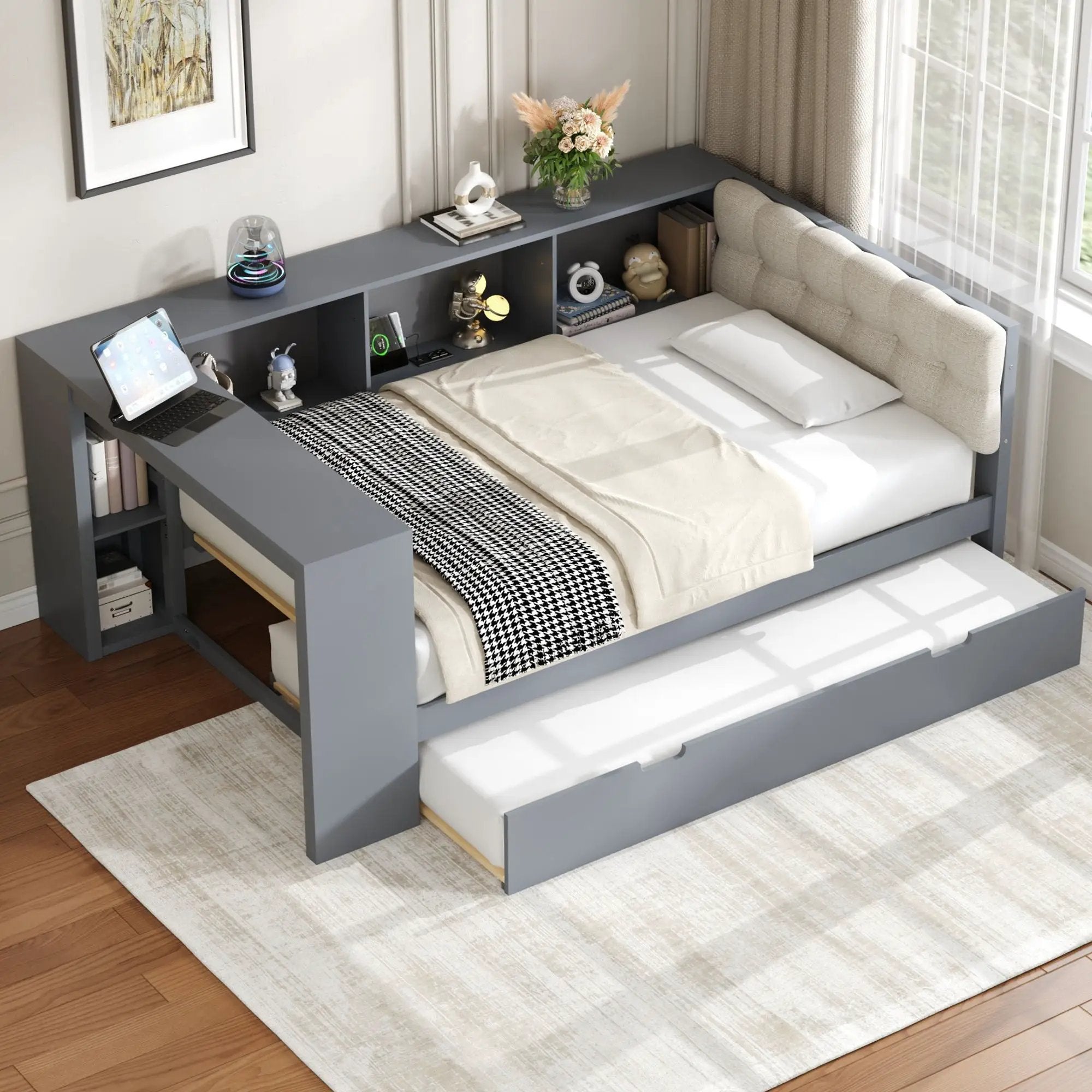 Upholstered Headboard Platform Bed with Storage Shelves, Trundle, and Charging Station by HouseOfZazla