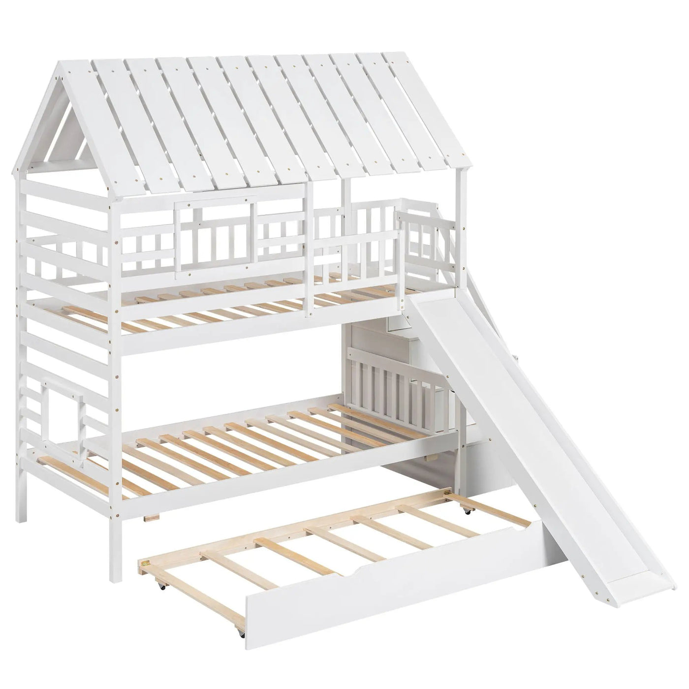 House Bunk Bed With Trundle, Storage Staircase, Roof And Window Design by Unique Piece Furniture