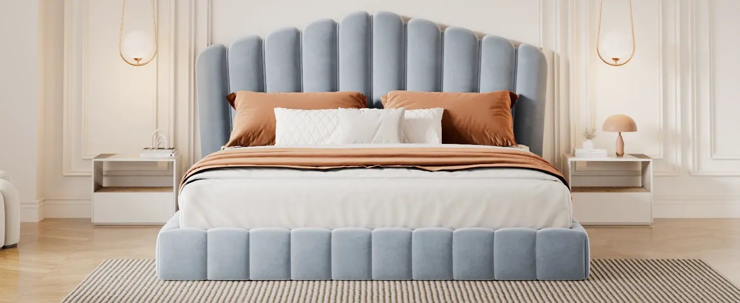 Velvet Upholstered Queen Bed with Shell-Shaped Headboard by HouseOfZazla