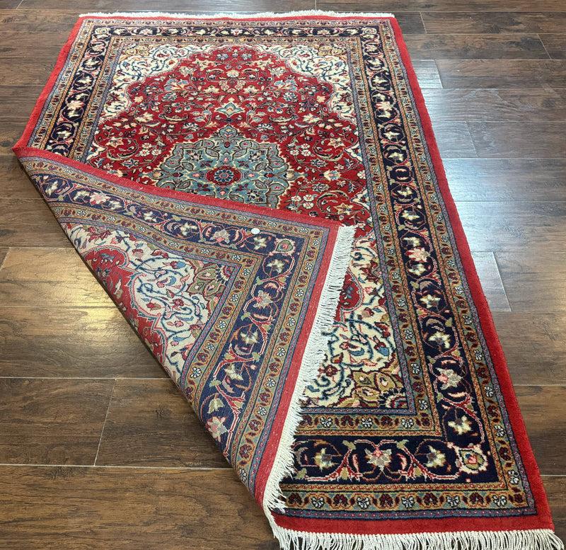 Persian Sarouk Rug 4x7, Red Navy Blue Vintage Wool Medallion Carpet by Jewel Rugs