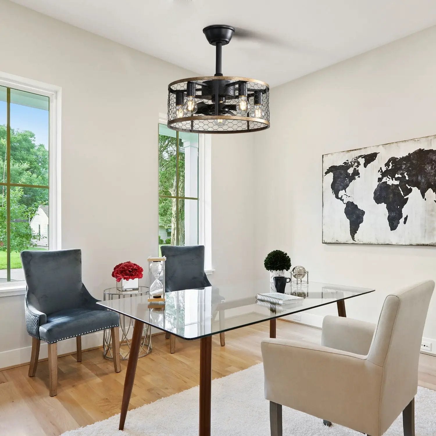 20" Industrial Caged Ceiling Fan With 7 - ABS Blades Remote Control, Small Ceiling Fan Reversible DC Motor - Black by HouseOfZazla