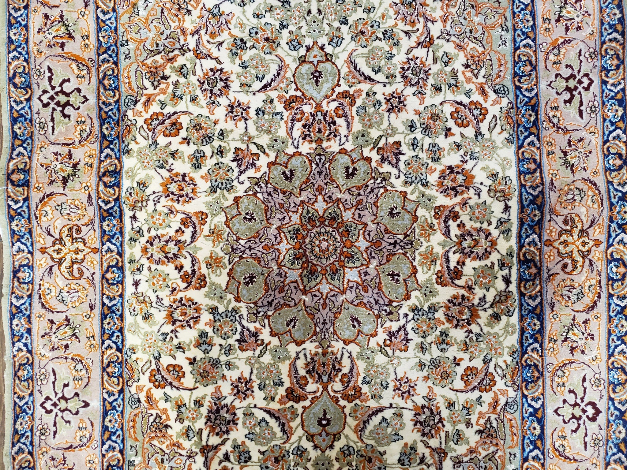 Vintage Persian Isfahan Lachak Toranj Rug, Highly Detailed, Kork Wool on Silk Foundation, Beige and Dark Blue, Hand-Knotted, 3'6" x 5' 4" by Jewel Rugs