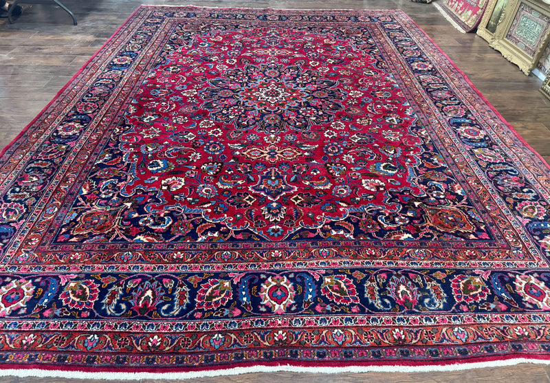 Antique Persian Mashad Rug 10x13, Red and Navy Blue, Great Colors, Signed By Masterweaver, Floral Medallion, Handmade Wool Persian Carpet by Jewel Rugs