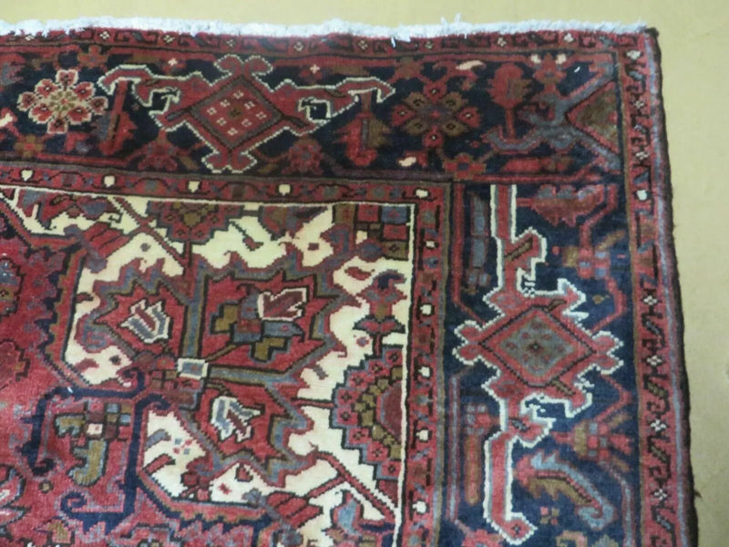 Persian Rug 8x11 Room Sized Heriz Carpet, Hand Knotted Wool Rug, Vintage Semi Antique, Geometric Medallion, Wine Red Cream Dark Blue, Wow by Jewel Rugs