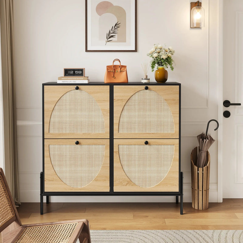 Space-Saving Rattan Shoe Cabinet with 4 Flip-Down Doors by HouseOfZazla