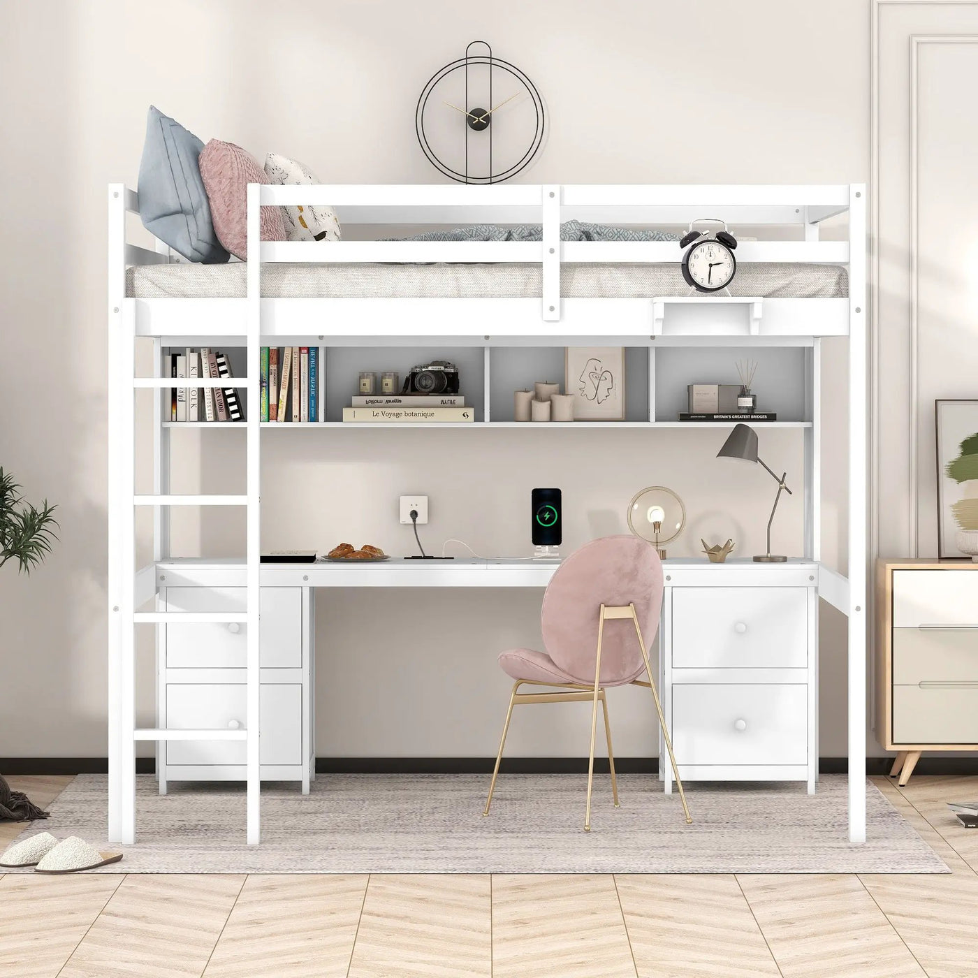 Loft Bed With Desk, Cabinets, Drawers, Charging Station And Bedside Tray by Unique Piece Furniture