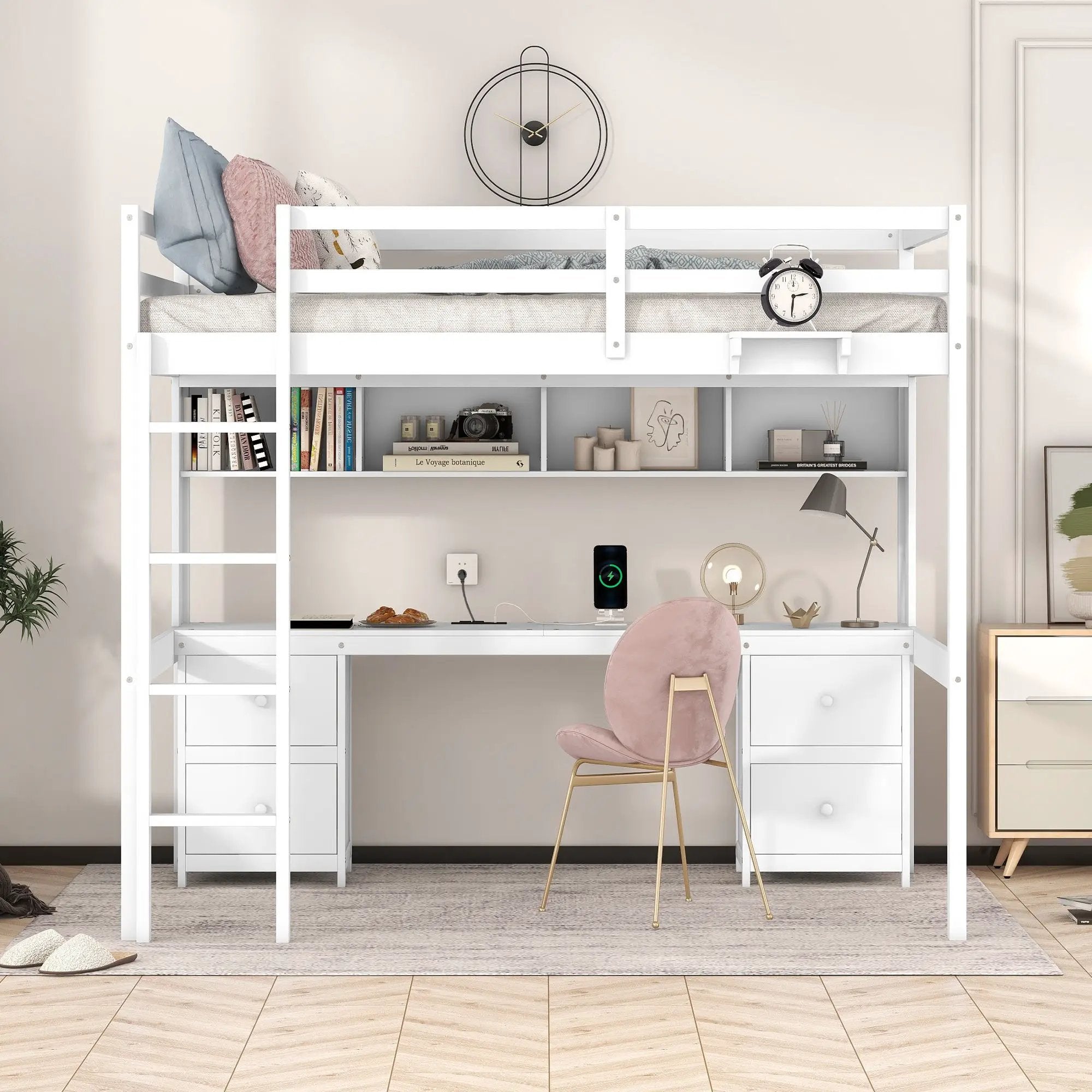 Full Size Loft Bed With Desk, Cabinets, Drawers, Charging Station And Bedside Tray, Sturdy Frame, No Box Spring Required - White by Unique Piece Furniture