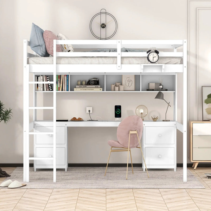 Full Size Loft Bed With Desk, Cabinets, Drawers, Charging Station And Bedside Tray, Sturdy Frame, No Box Spring Required - White by HouseOfZazla