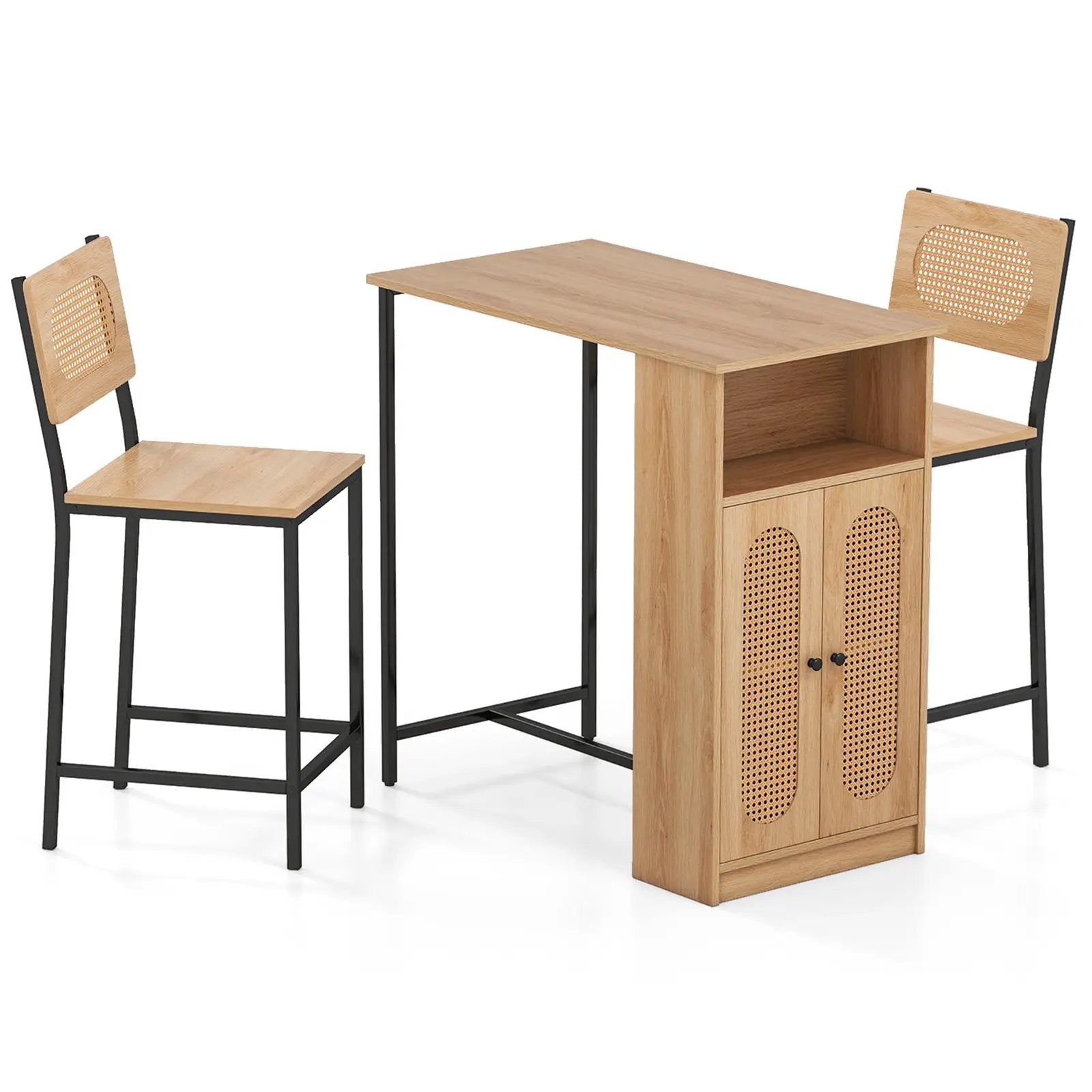 3-Piece Bar Table and Chairs Set with Storage Shelves and Footrests-Natural by DirectDeals