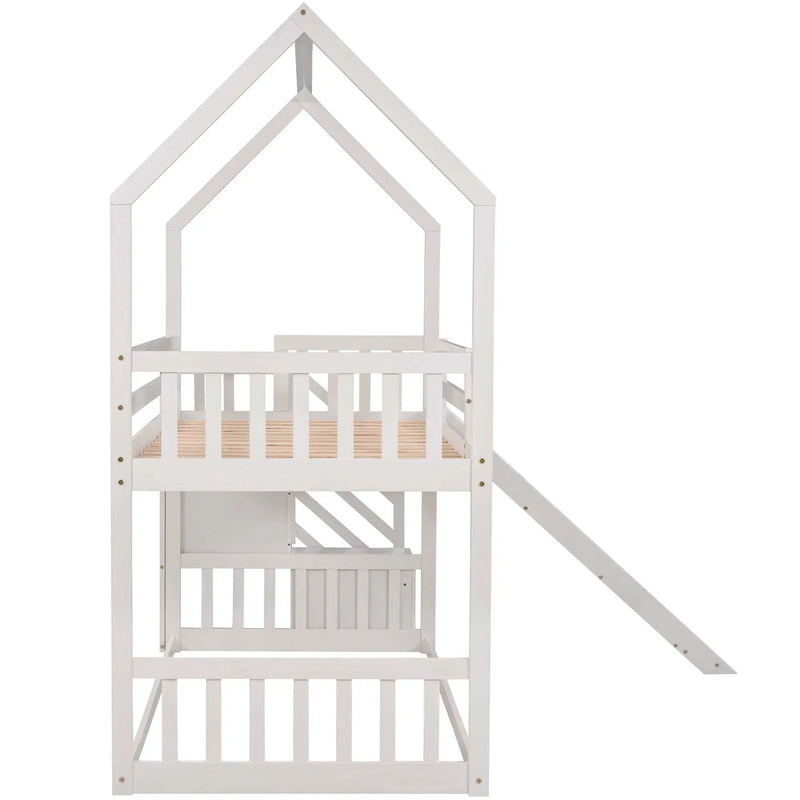Twin Over Twin House Bunk Bed With Convertible Slide, Storage Staircase by HouseOfZazla