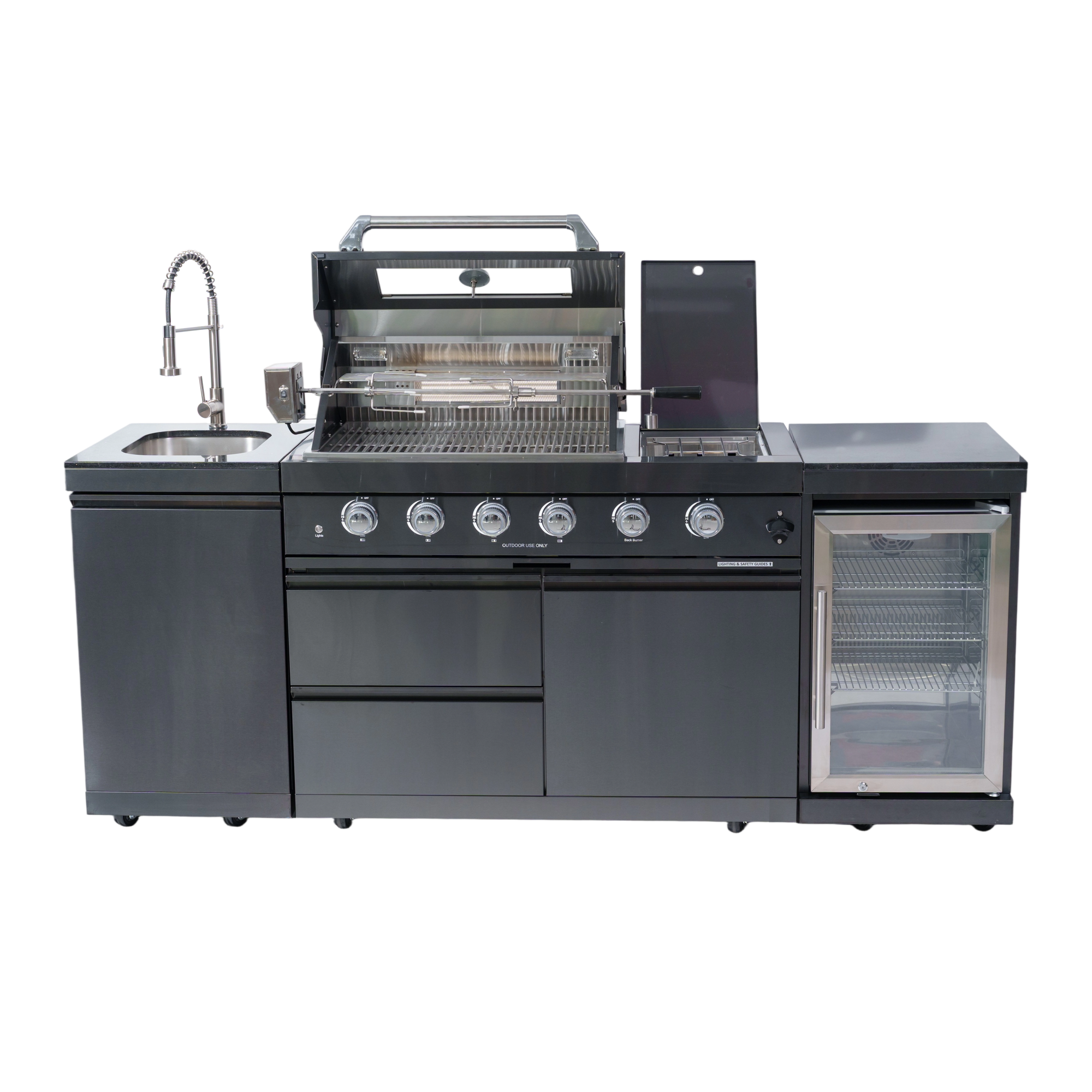NG 85" 4-Burner 72,000 BTU Black Outdoor Kitchen Island Grill + Refrigerator + Sink by Chery Industrial