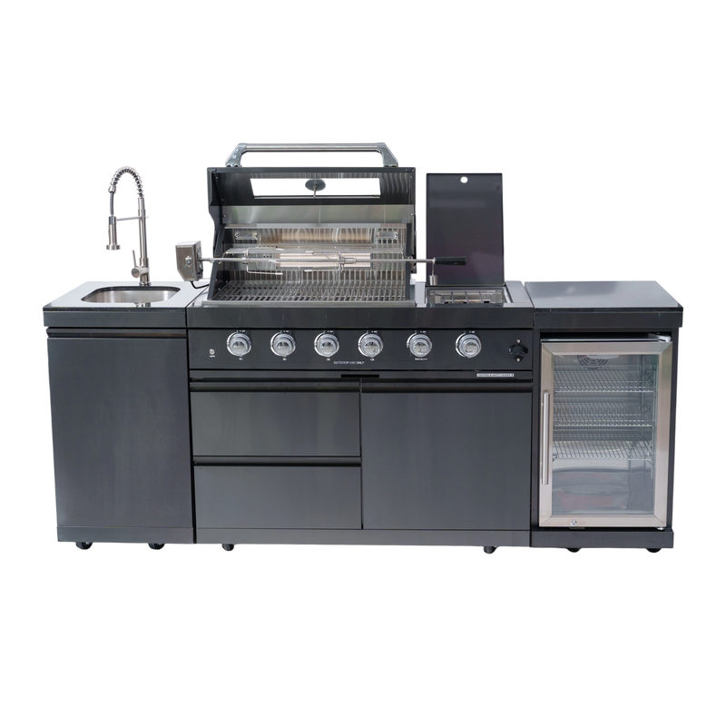 NG 85" 4-Burner 72,000 BTU Black Outdoor Kitchen Island Grill + Refrigerator + Sink by Chery Industrial