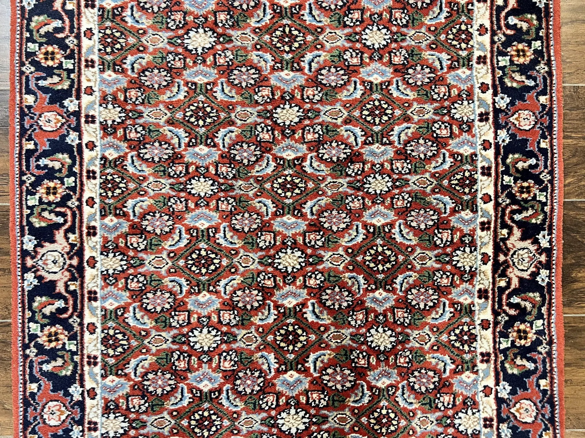 Indo Persian Rug 3x5, Red and Navy Blue, Wool Vintage Handmade Small Carpet 3 x 5 ft, Herati Pattern, Bidjar Rug by Jewel Rugs