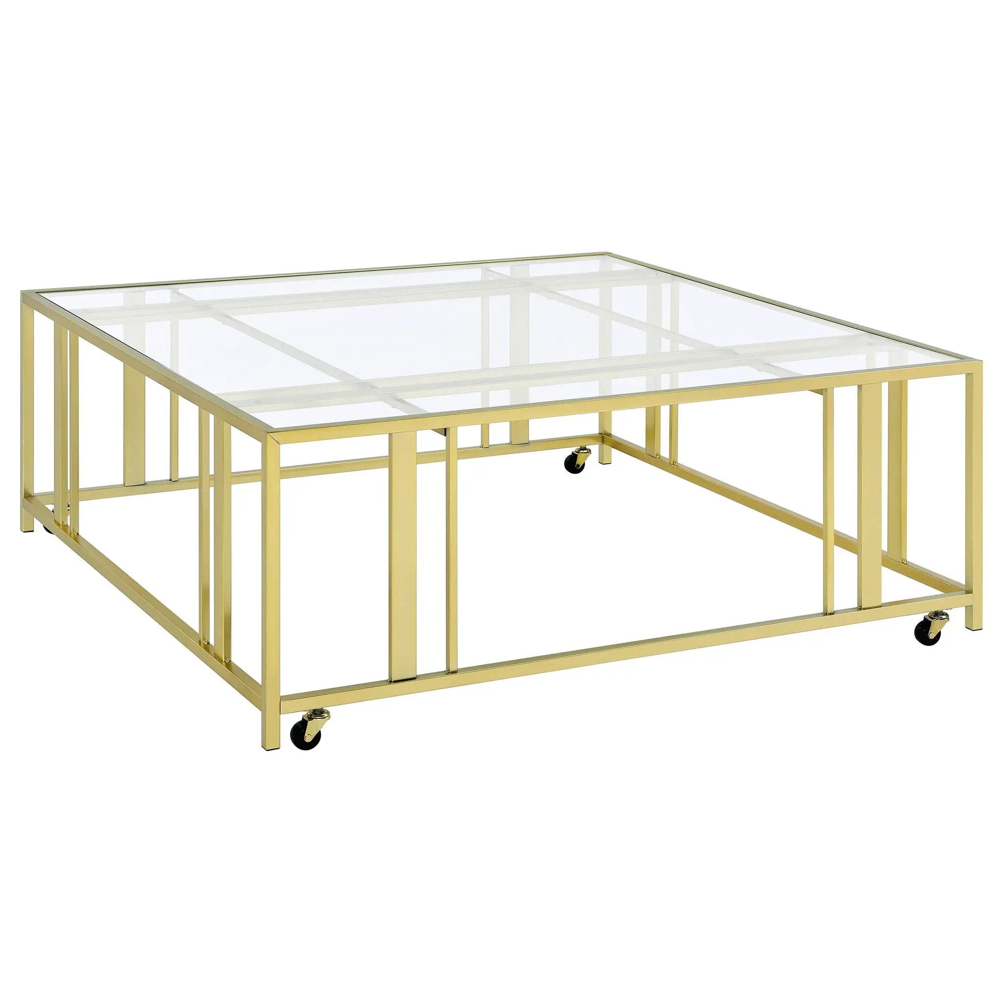 Adri Square Glass Top Coffee Table with Casters Matte Brass by Unique Piece Furniture