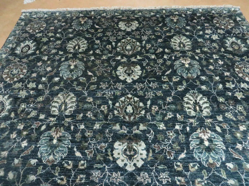 5' 6" X 8' Vintage Handmade Pakistani Floral Oriental Wool Rug Black Dark Grey by Jewel Rugs