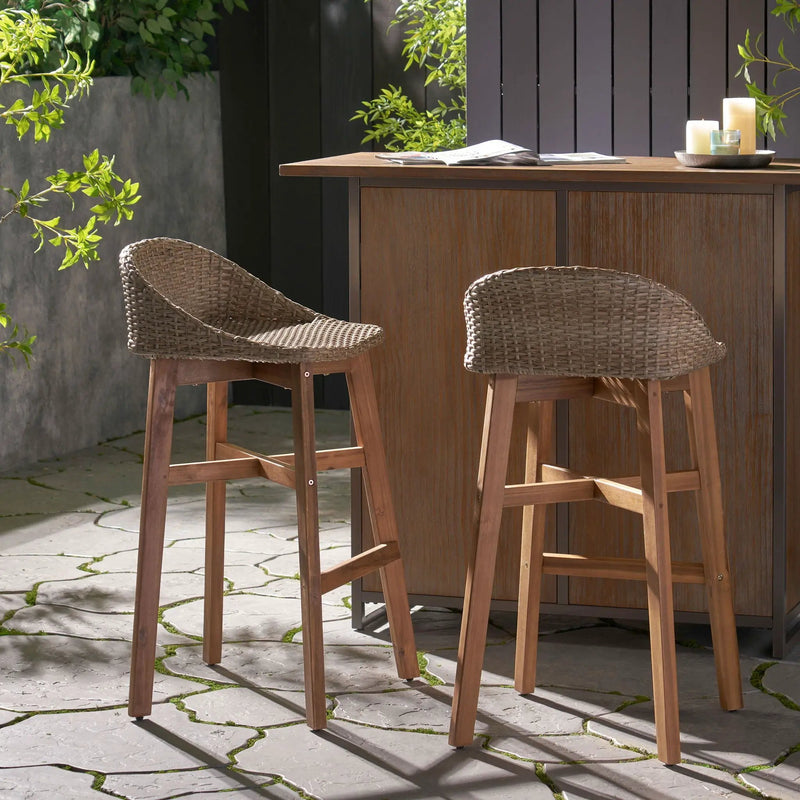 Beeson Outdoor Wicker and Acacia Wood Barstools Set, Water Resistant - Brown by HouseOfZazla