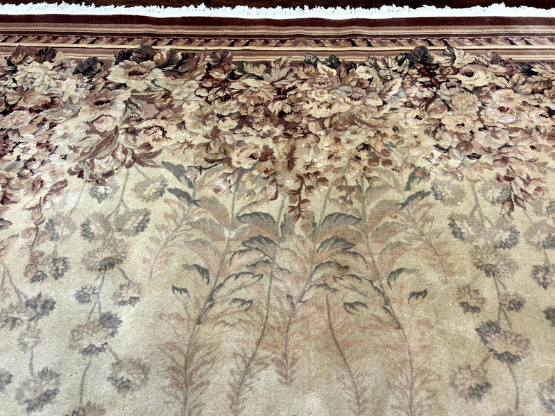 Aubusson Wool Rug 9x11, Wool with Silk Highlights, European Design, Vintage, Handmade, Floral, Fine 210 KPSI by Jewel Rugs