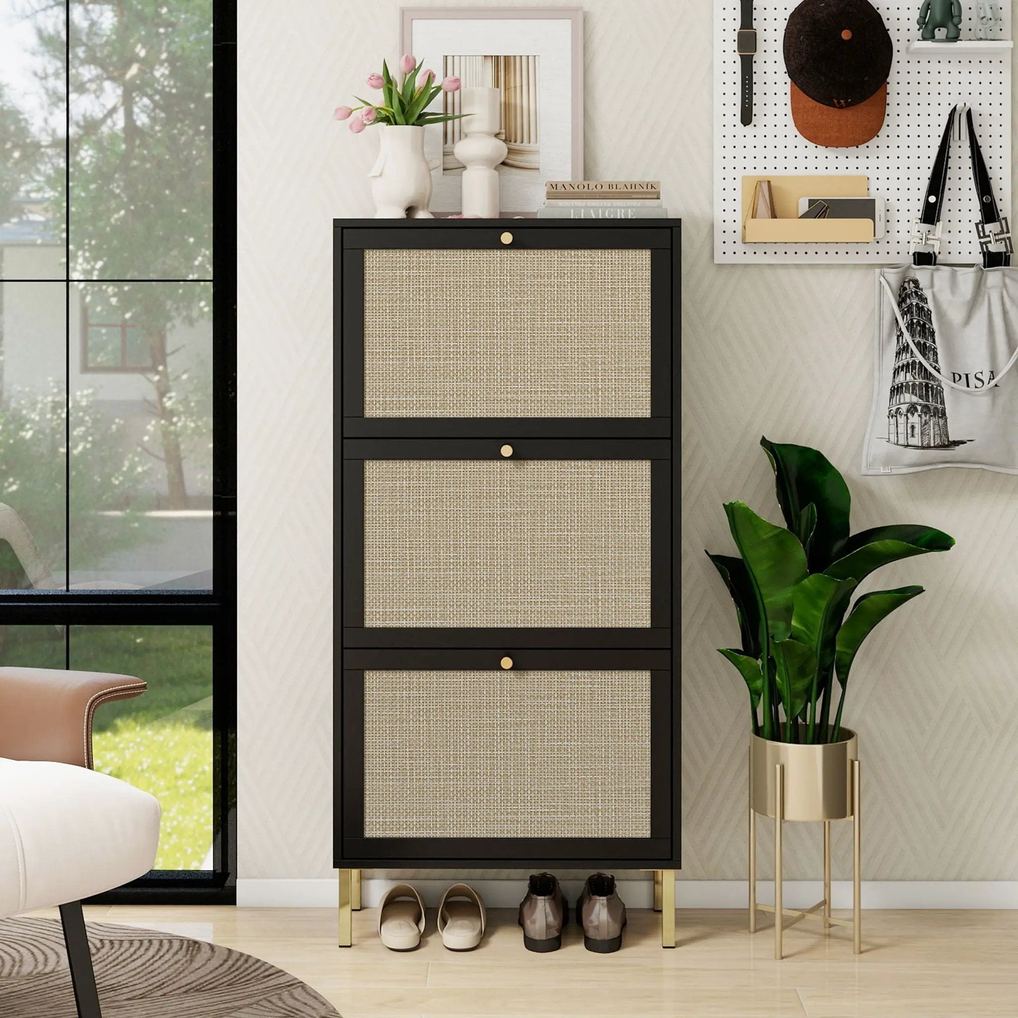 Modern Rattan 3 Door Shoe Rack Cabinet For Entryway by Unique Piece Furniture