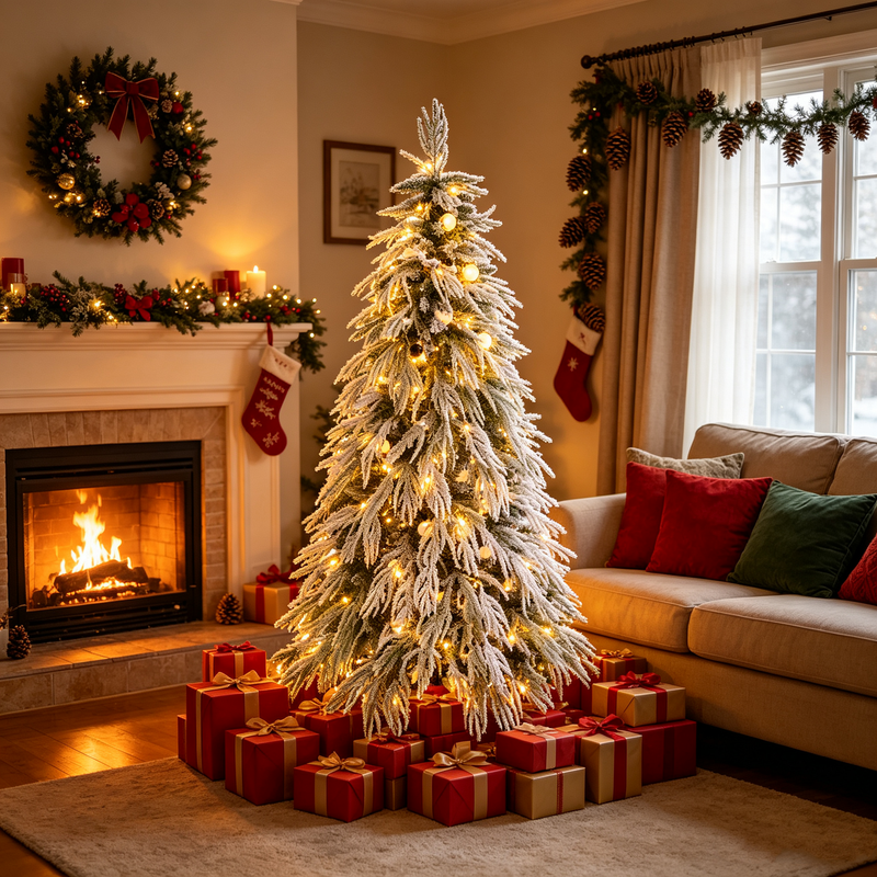 7 FT Pre-Lit Flocked Artificial Christmas Tree with LED Lights - White