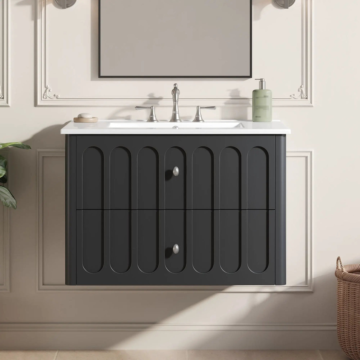 Floating Bathroom Vanity With Oval Knobs & Round Edge, Soft Close Drawer Slides by HouseOfZazla