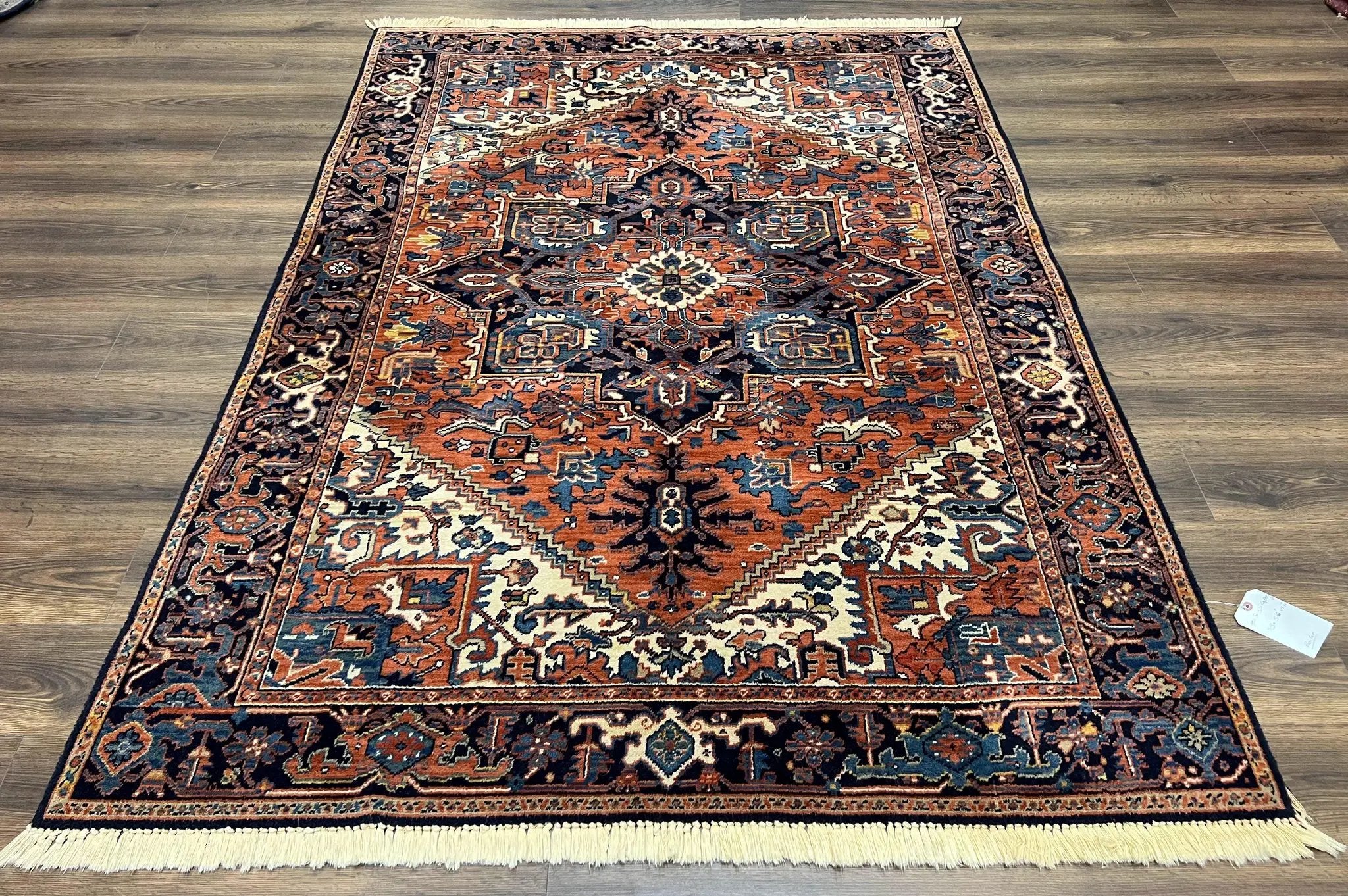 Heriz Rug 5.6 x 8, Geometric Medallion, Wool Oriental Carpet, Tribal Boho Rug, Red Navy Blue Cream, Belgium Power Loomed Rug, Medium Sized by Jewel Rugs