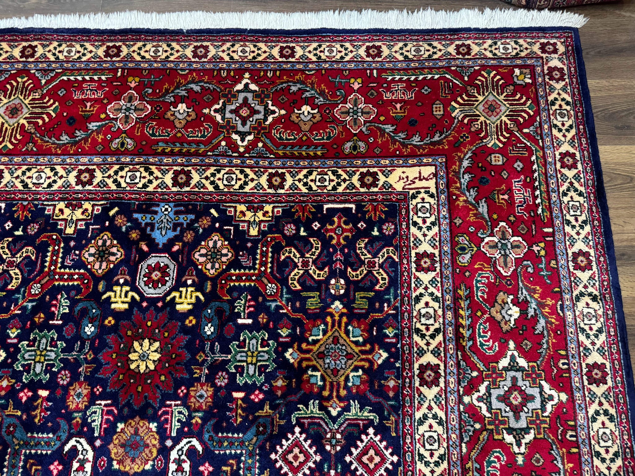 Large Persian Tabriz Rug 10x16, Navy Blue and Red, Allover Pattern, Vintage Hand Knotted Wool Carpet by Jewel Rugs