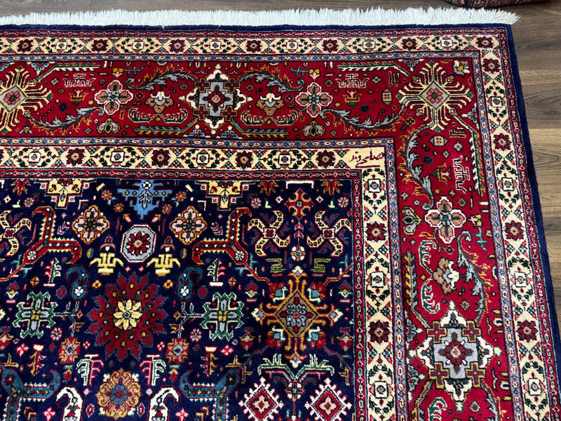 Large Persian Tabriz Rug 10x16, Navy Blue and Red, Allover Pattern, Vintage Hand Knotted Wool Carpet by Jewel Rugs
