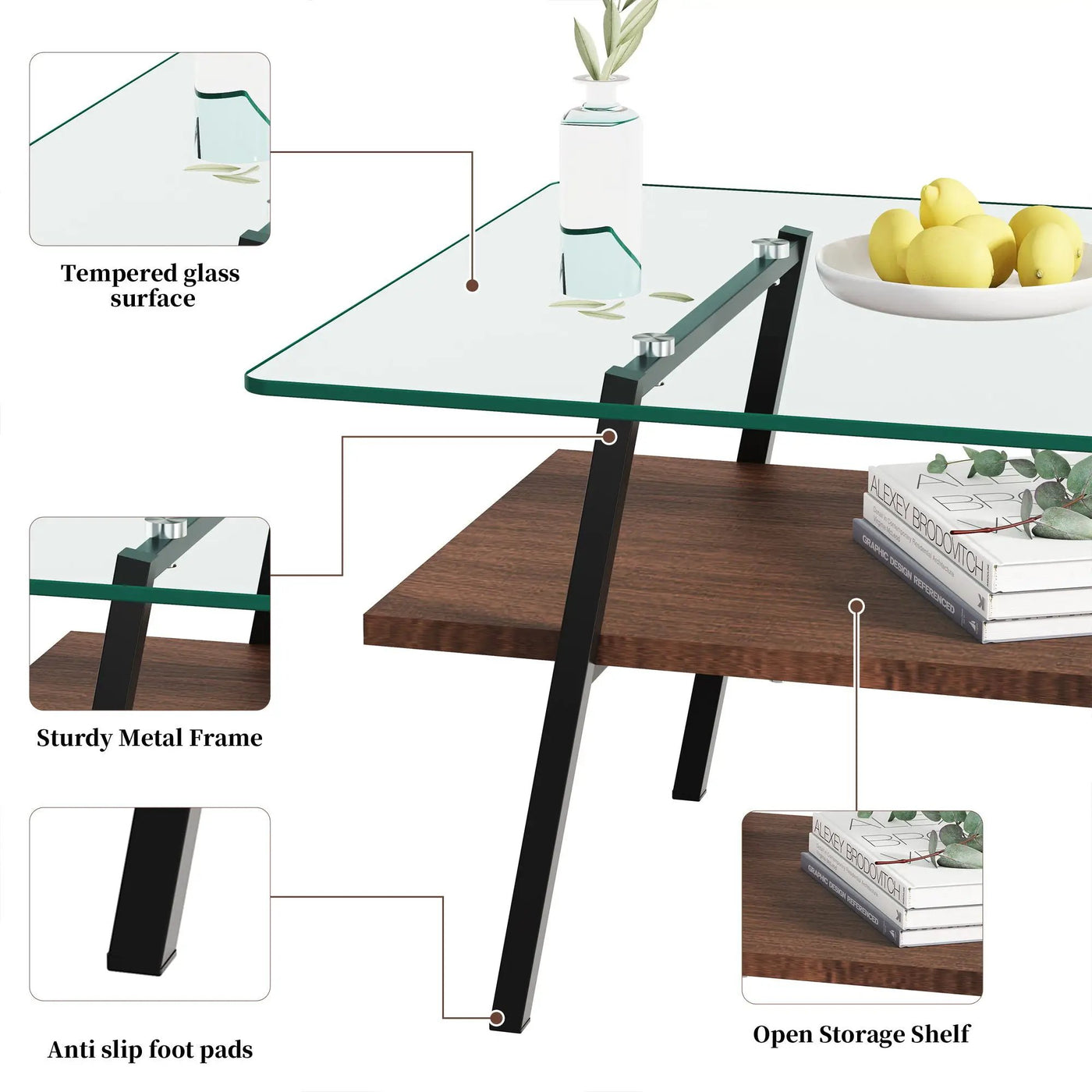 Rectangle Coffee Table, Tempered Glass Tabletop With Metal Legs, Modern Table For Living Room by HouseOfZazla