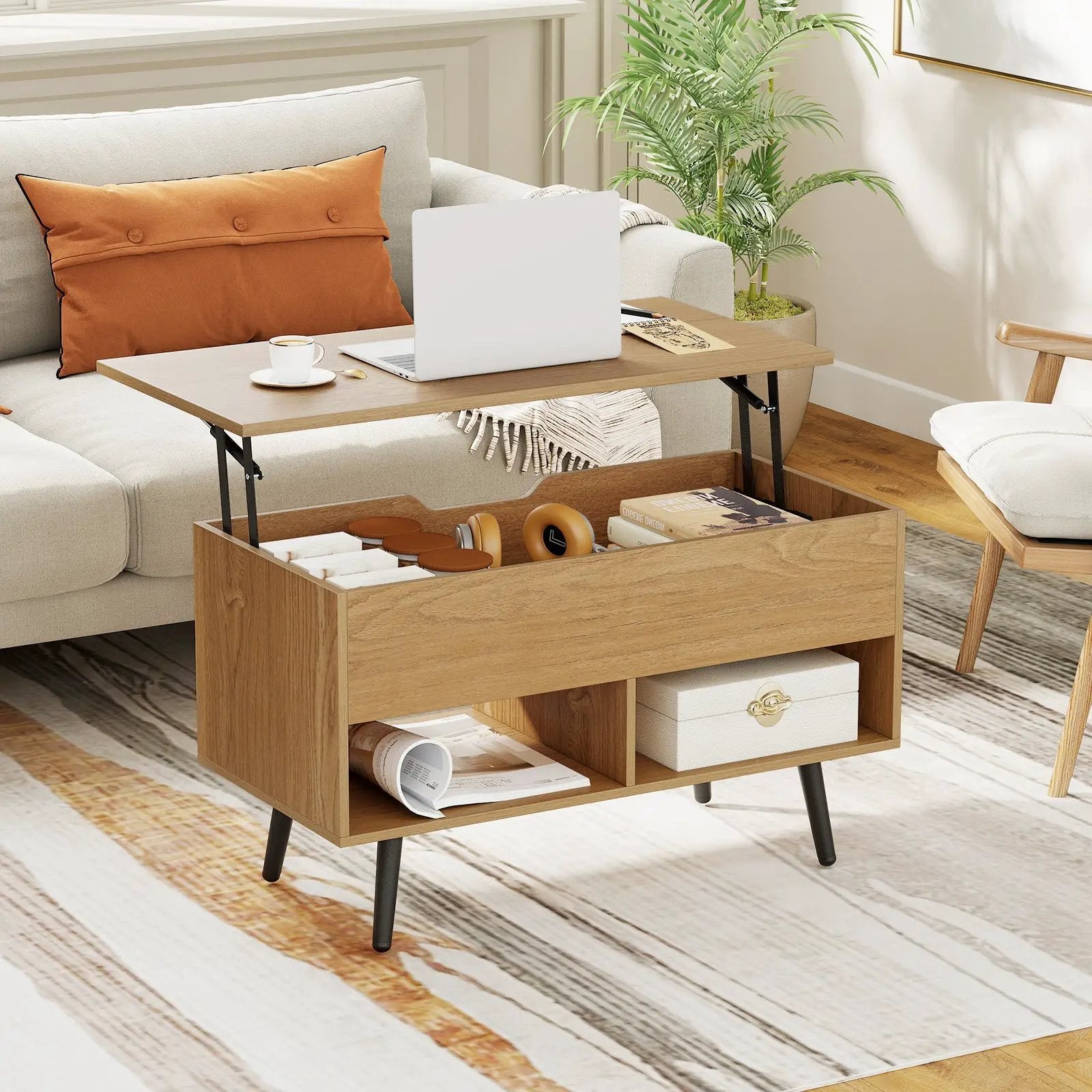 31.5 Inch Lift-Top Coffee Table with Hidden Storage and 2 Open Shelves by DirectDeals