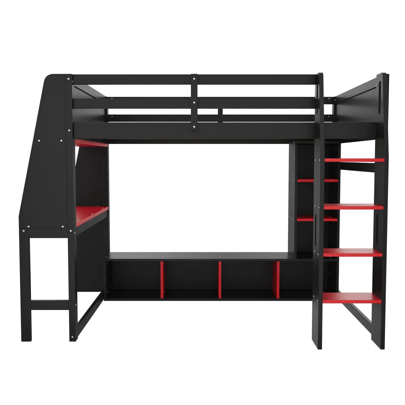 Gaming Loft Bed With Desk, Multi Storage Shelves, LED Lighting, And Hanging Clothes Rack by HouseOfZazla