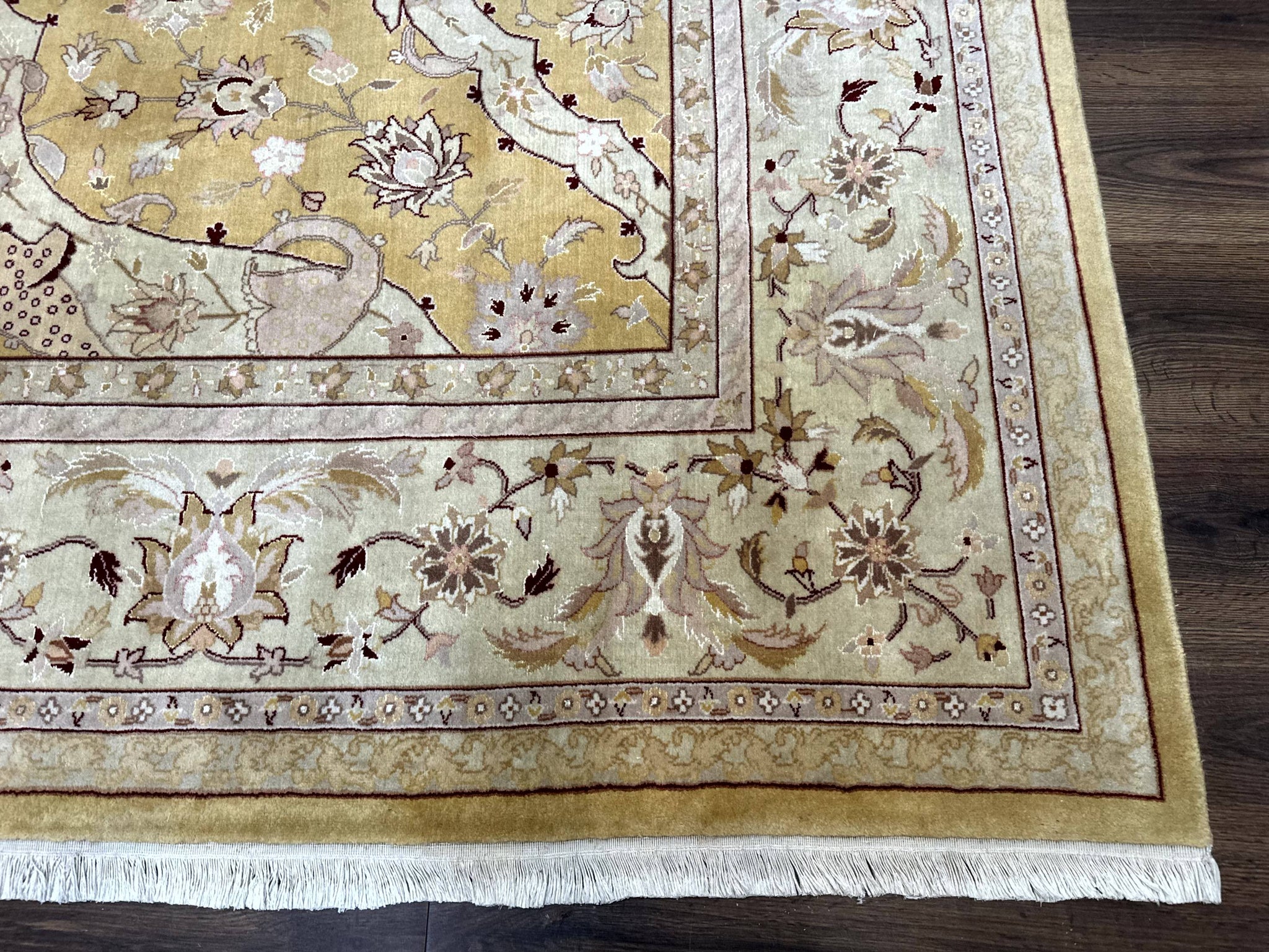Sino Persian Rug 8x11, Wool with Silk Highlights, Unique Colors, Gold and Light Green, Fine 240 KPSI by Jewel Rugs