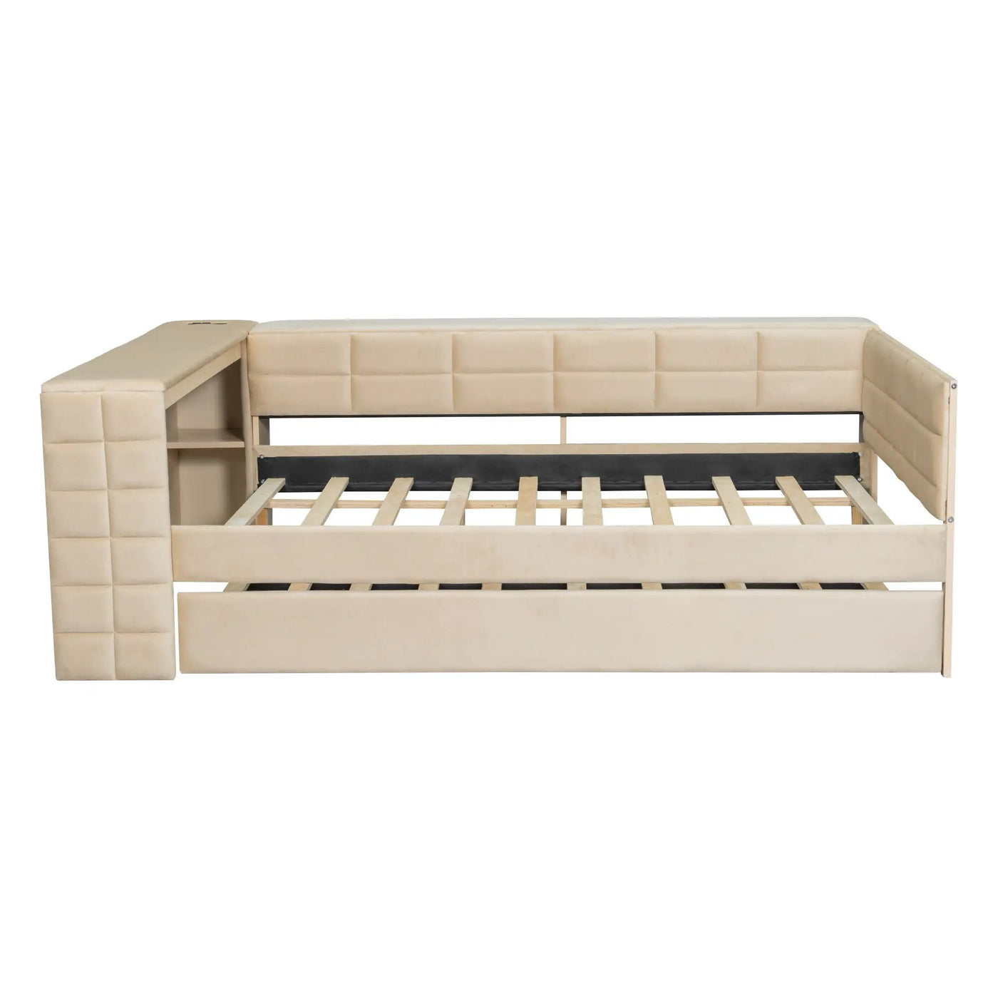 Upholstered Platform Bed With Storage Shelves, Desk, Charging Station And Trundle by HouseOfZazla