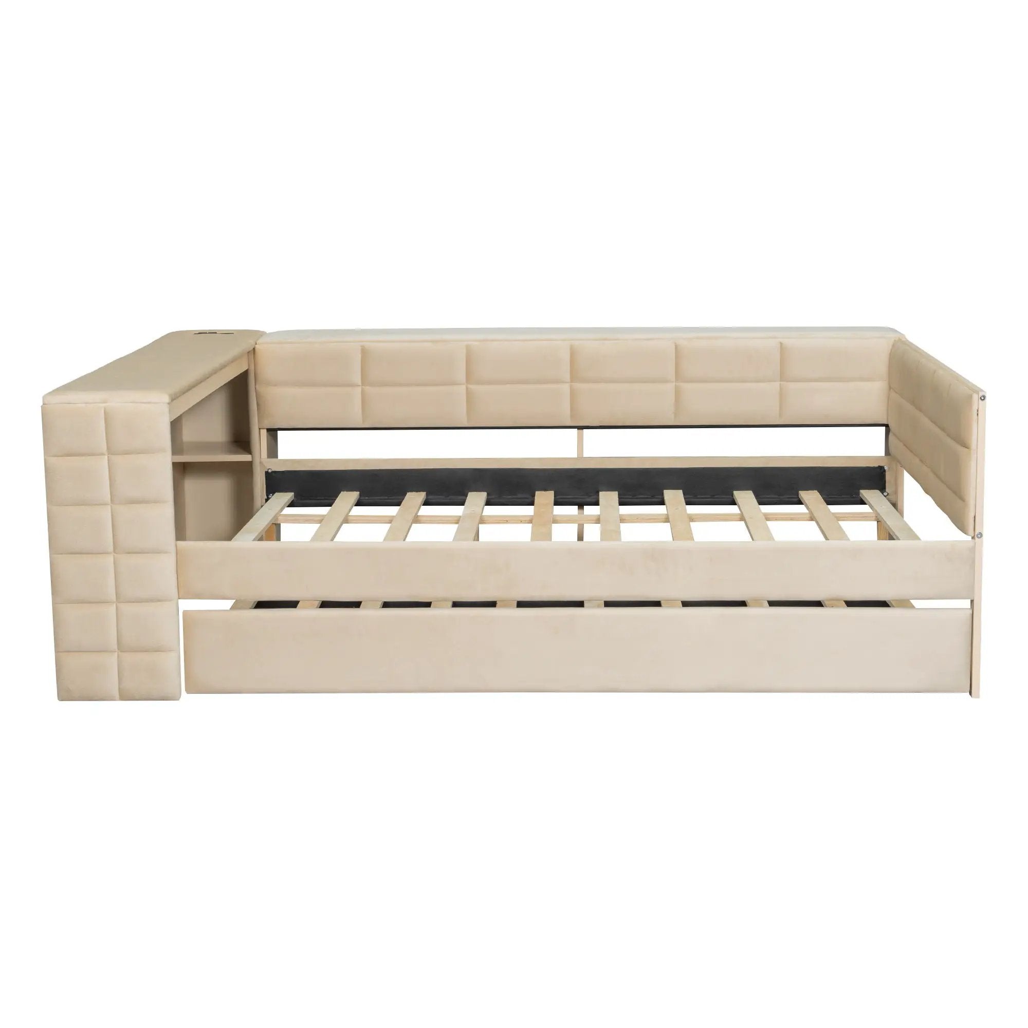 Upholstered Platform Bed With Storage Shelves, Desk, Charging Station And Trundle by HouseOfZazla