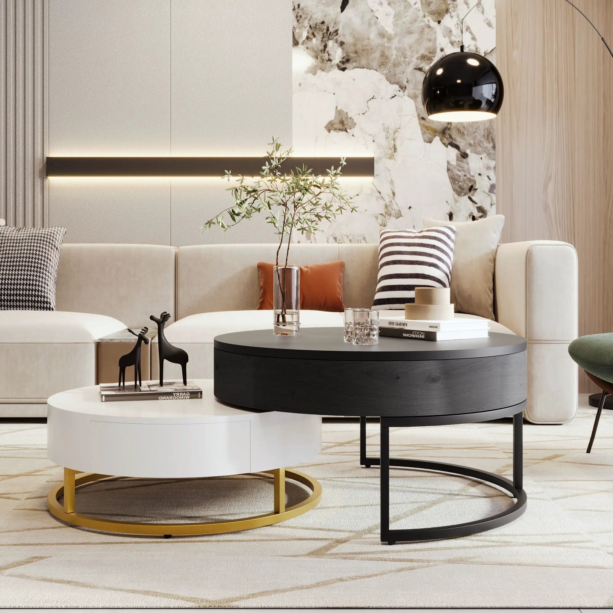 Modern Round Lift-Top Nesting Coffee Tables With 2 Drawers by Unique Piece Furniture