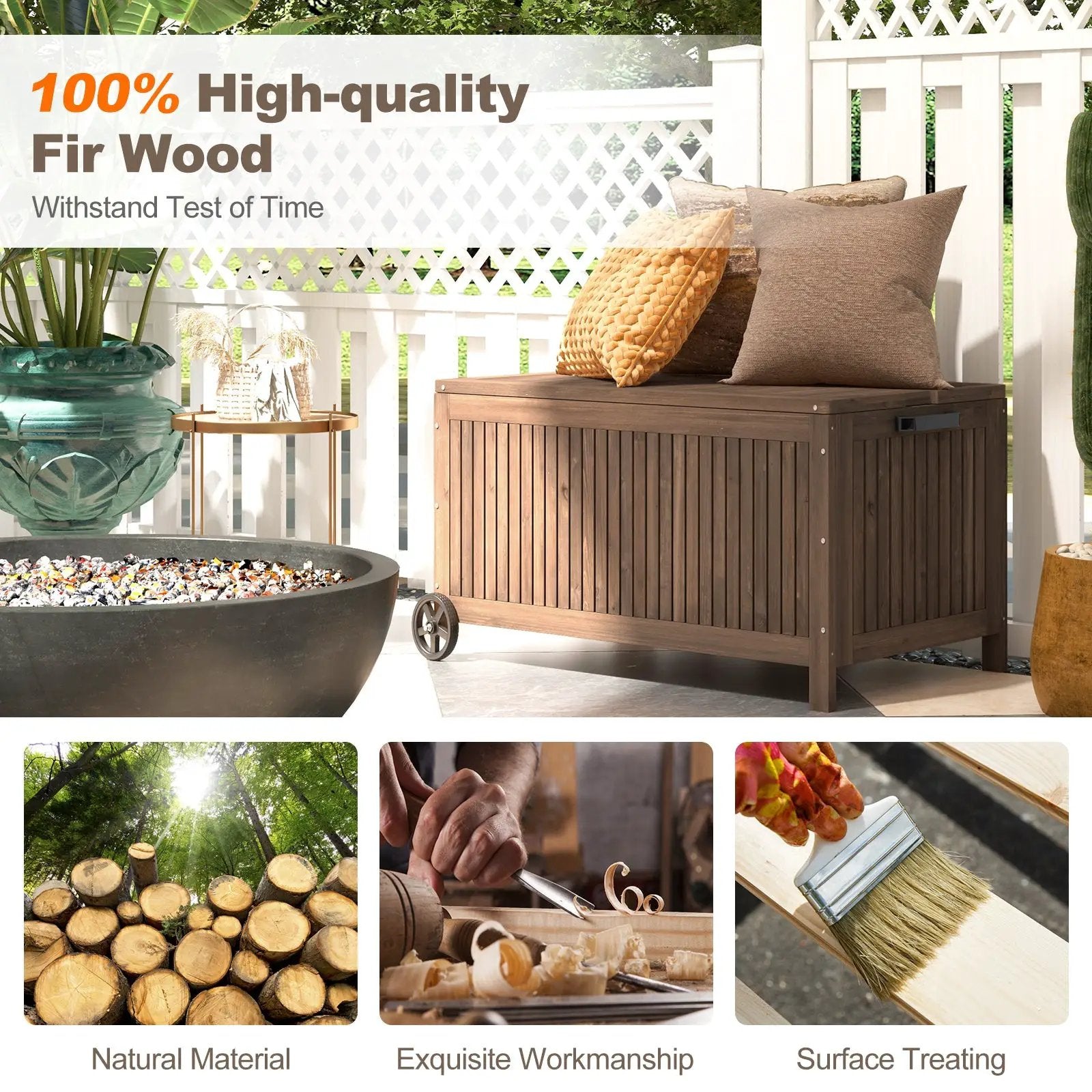 56-Gallon Wood Deck Box with Removable Waterproof PE Liner-Brown by DirectDeals