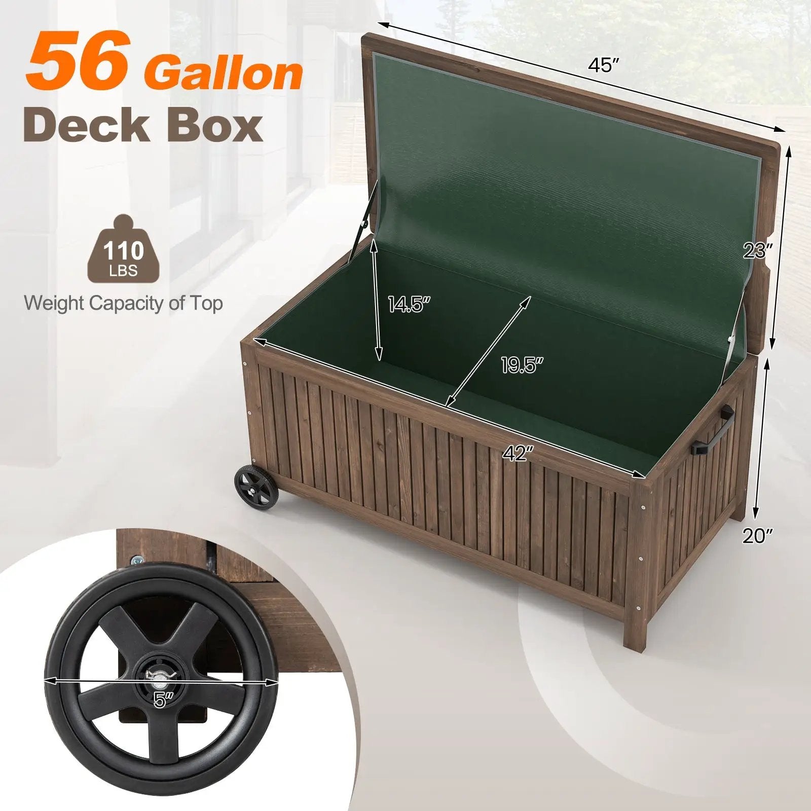 56-Gallon Wood Deck Box with Removable Waterproof PE Liner-Brown by DirectDeals