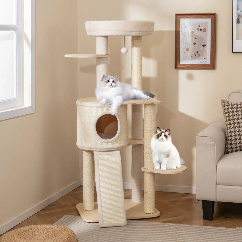 56 Inch Tall Cat Tree with 2 Sisal Scratching Posts and Ladder-NA by DirectDeals
