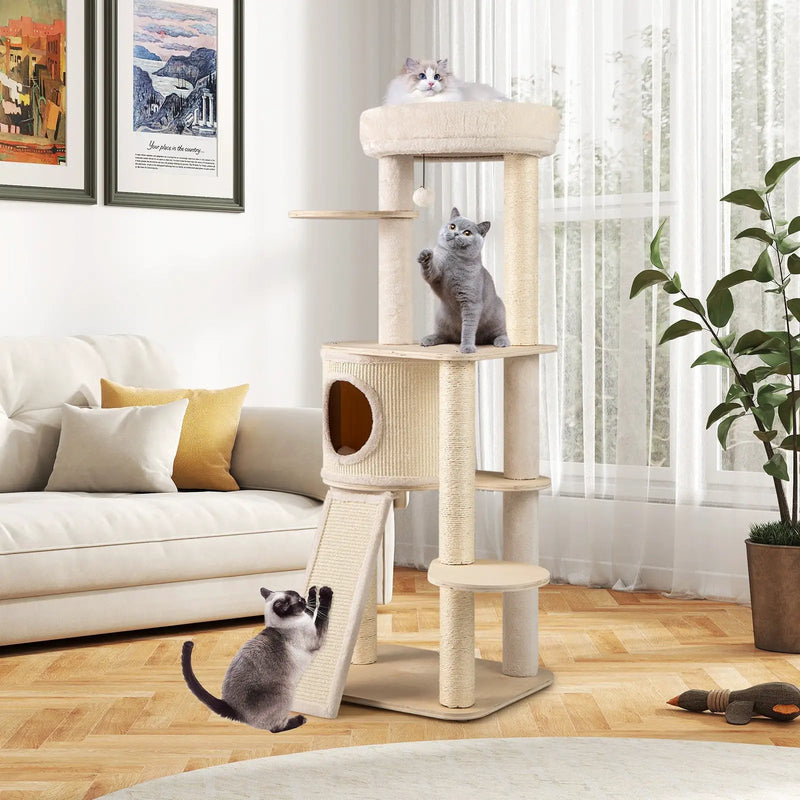 56 Inch Tall Cat Tree with 2 Sisal Scratching Posts and Ladder-NA by DirectDeals