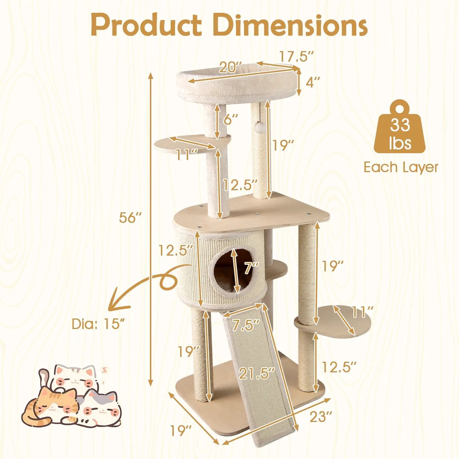 56 Inch Tall Cat Tree with 2 Sisal Scratching Posts and Ladder-NA by DirectDeals