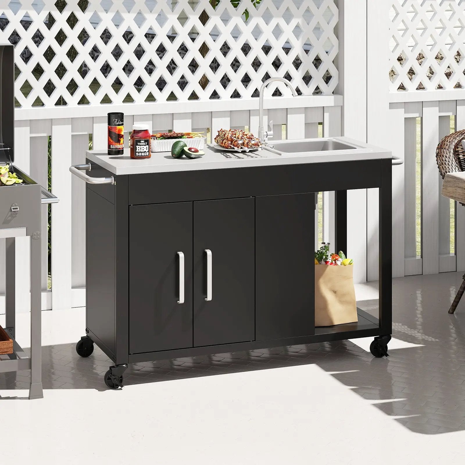56 Inches Outdoor Grill Table with Sink and Stainless Steel Top-Black by DirectDeals