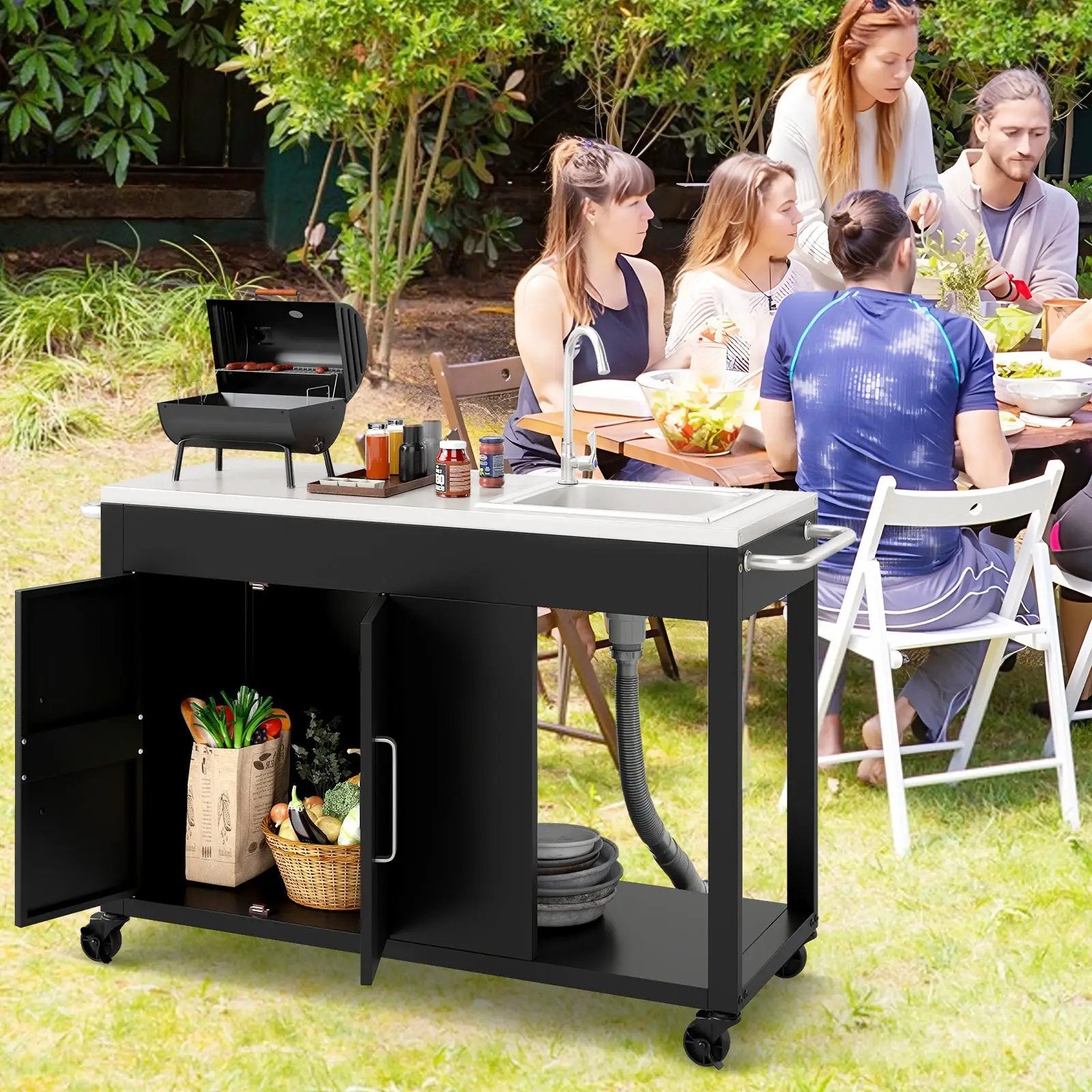 56 Inches Outdoor Grill Table with Sink and Stainless Steel Top-Black by DirectDeals