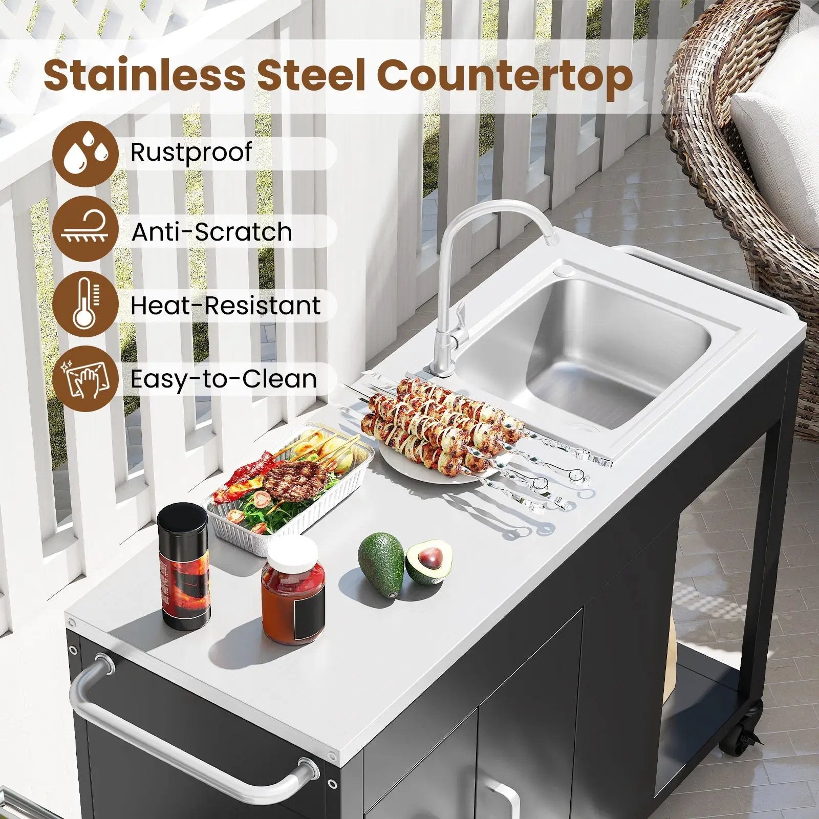 56 Inches Outdoor Grill Table with Sink and Stainless Steel Top-Black by DirectDeals