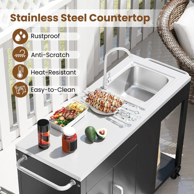 56 Inches Outdoor Grill Table with Sink and Stainless Steel Top-Black by DirectDeals