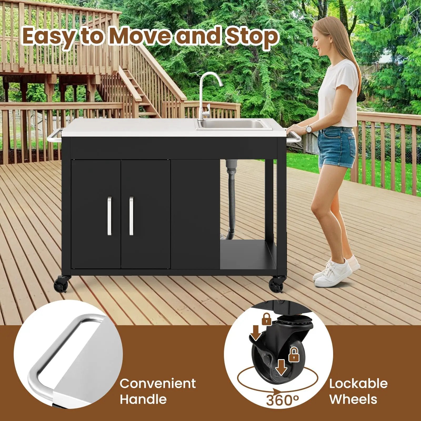 56 Inches Outdoor Grill Table with Sink and Stainless Steel Top-Black by DirectDeals