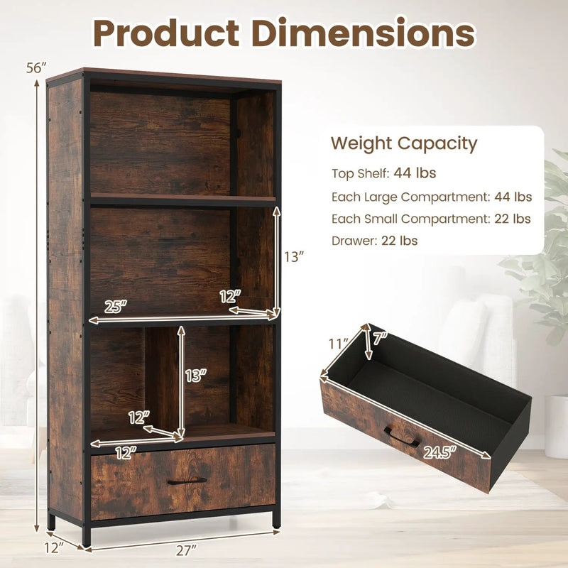 56" Tall Freestanding Bookcase with Drawer 5 Tier by DirectDeals
