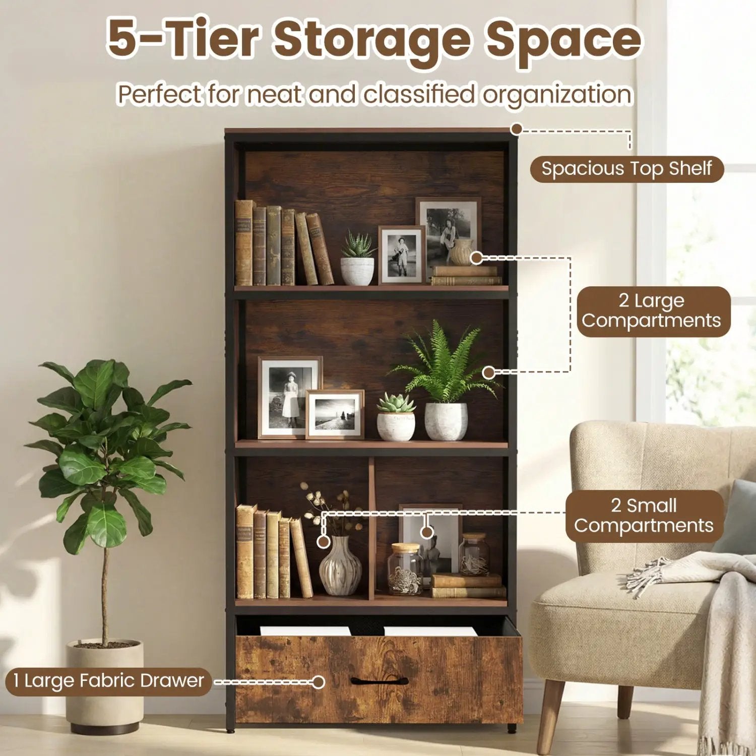 56" Tall Freestanding Bookcase with Drawer 5 Tier by DirectDeals