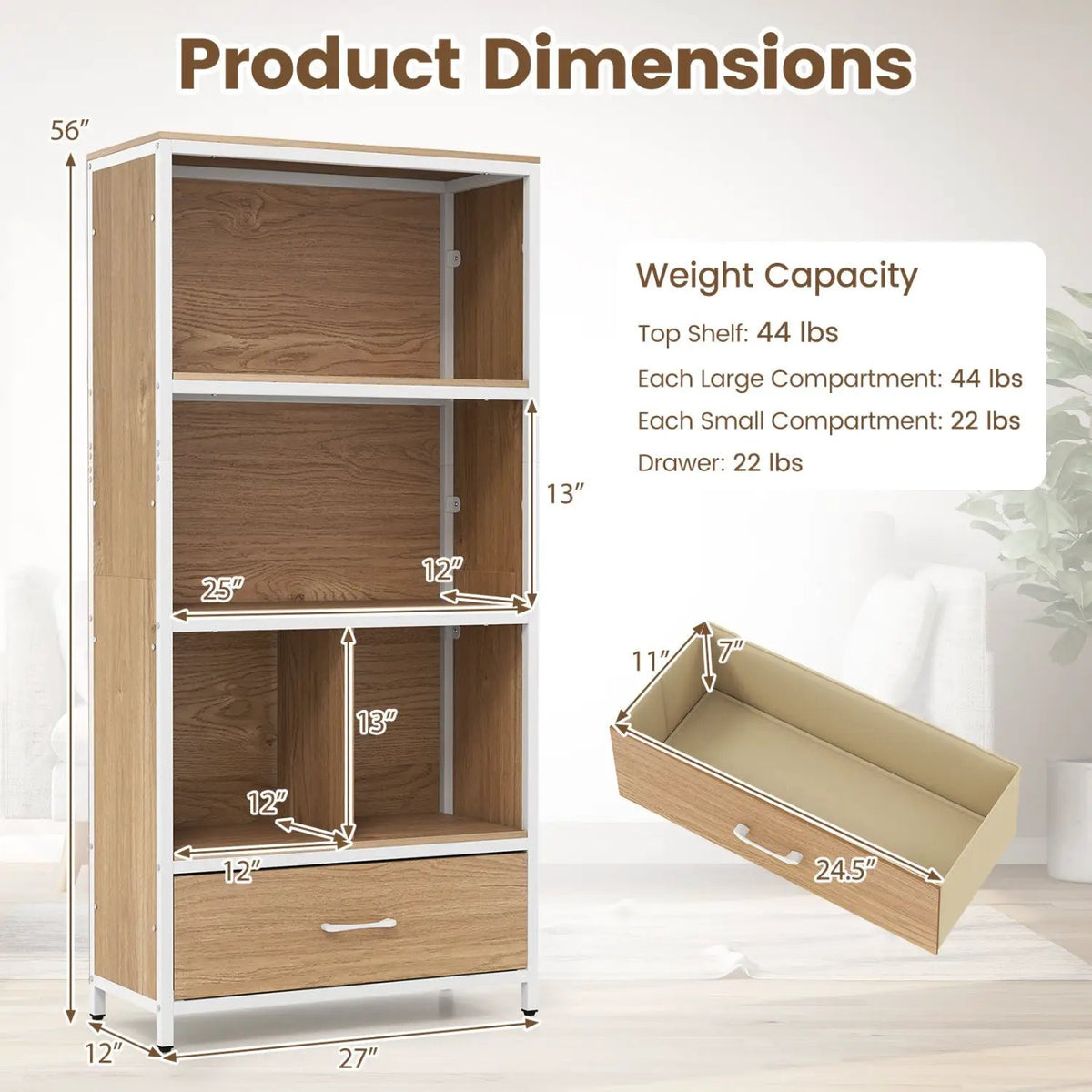 56" Tall Freestanding Bookcase with Drawer 5 Tier by DirectDeals